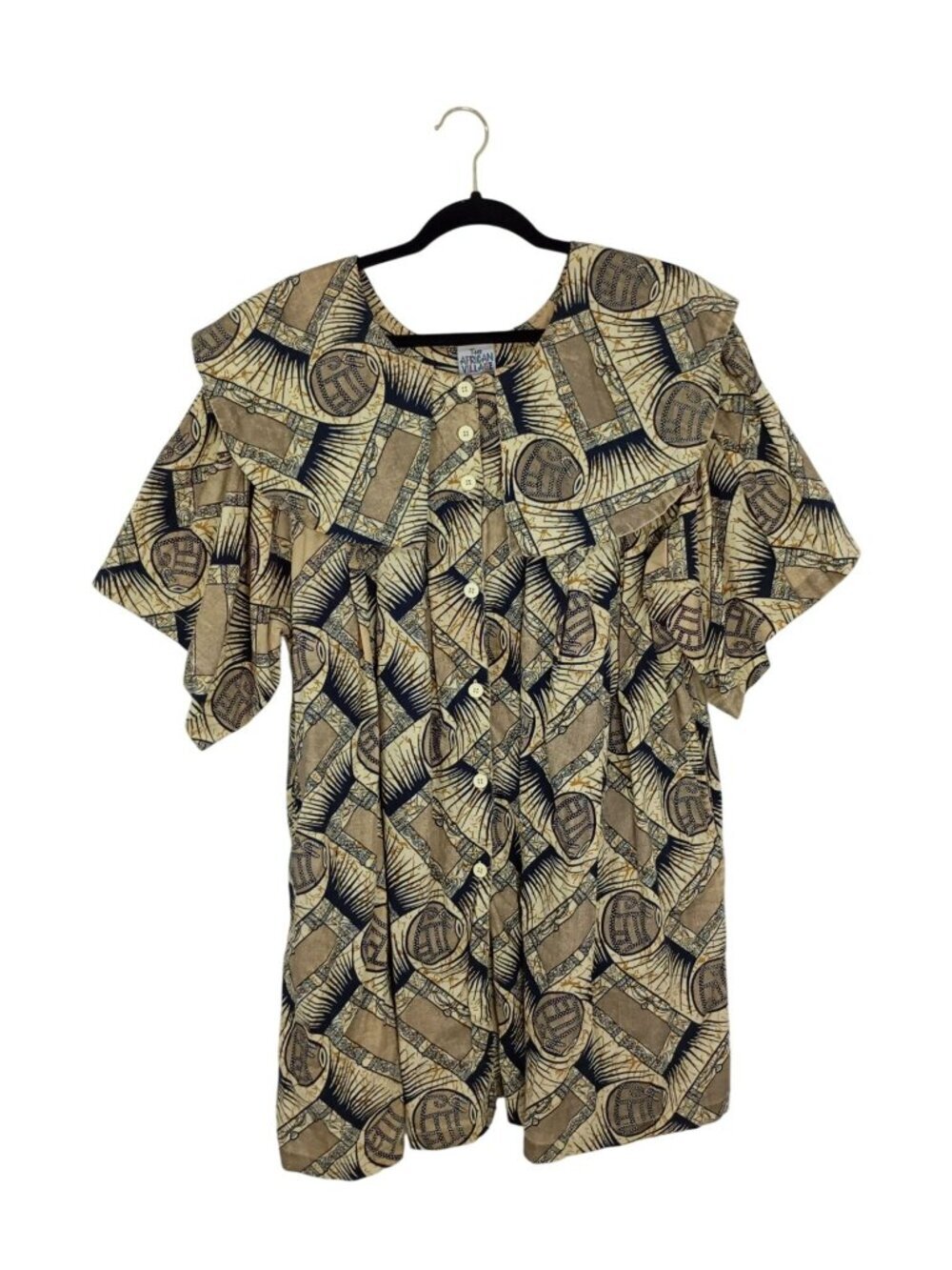 African Village Womens One Size Button-Front Ruffle Kaftan Dress Abstract Cotton